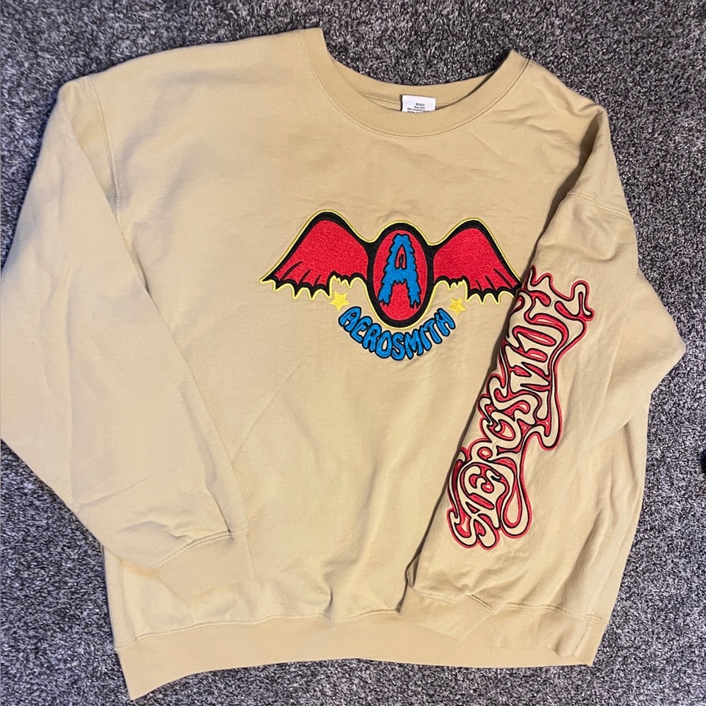 Aerosmith Wing Logo XXL Crewneck Sweatshirt - Tan with Red Embroidered Graphic